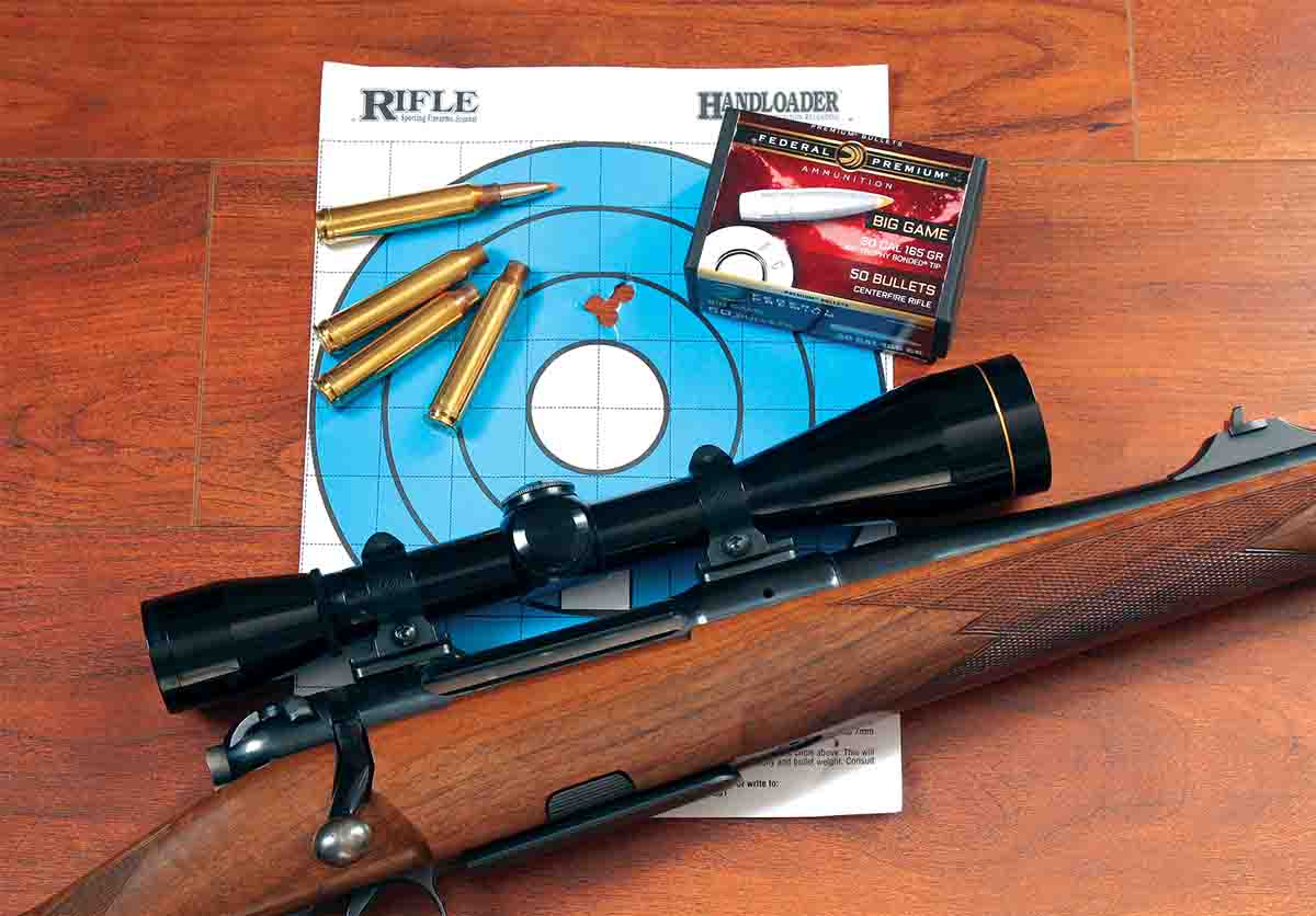 Three-shot groups with 10 different handloads resulted in an overall group average of .79-inch at 100 yards. Some loads shot even better, like this .300 Winchester Magnum using 73.0 grains of Reloder 19 and the 180-grain TBT from a Heym SR-21.